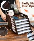 Desk with Six Tier Solid Wood Desktop File Organizer With Sliding Pull Out Trays For A4 Documents Folders Mail Bills Tablets