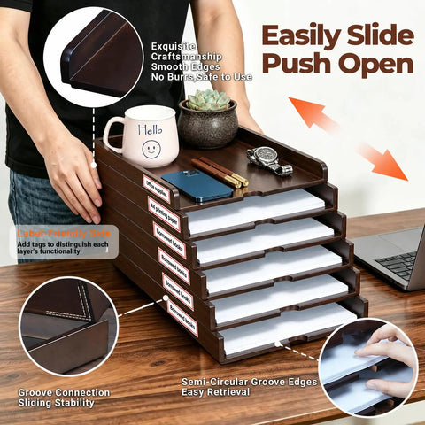 Desk with Six Tier Solid Wood Desktop File Organizer With Sliding Pull Out Trays For A4 Documents Folders Mail Bills Tablets