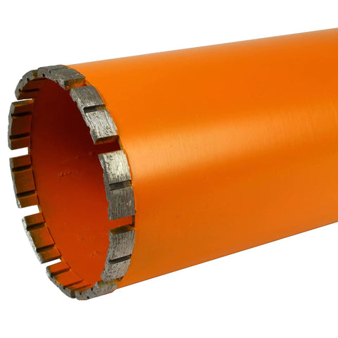 Close-up of Four Inch Diamond Turbo Core Drill Bit Hole Saw For Concrete And Masonry With Fourteen Inch Drill Depth And One And One Quarter Inch Arbor