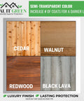 Comparison of wood finishes: Cedar, Walnut, Redwood, Black Lava with All In One Plant Based Wood Sealer And Stain For Outdoor Decks