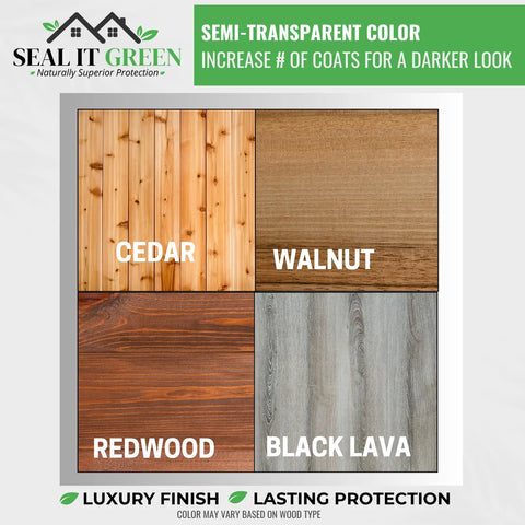 Comparison of wood finishes: Cedar, Walnut, Redwood, Black Lava with All In One Plant Based Wood Sealer And Stain For Outdoor Decks