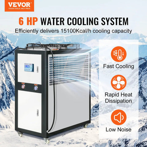 Heavy Duty Industrial Water Chiller Featuring Rapid Air Cooled Setup And Slick Temperature Regulation With Six Horsepower Auto Pump And Stainless Steel Reservoir Tank in snowy mountain backdrop.