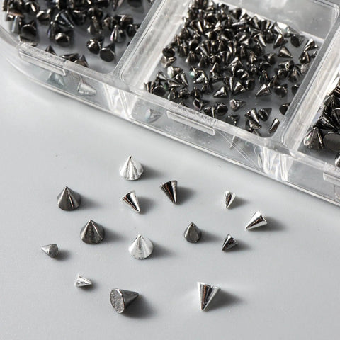 Dope Mini Metal Punk Nail Art Studs Set In Gold And Black, Mixed Sizes With Tweezers And Steel Ball Charms, Diy Nail Jewelry Kit, 6 Grid Organizer For Quick, Precise, Edgy Manis silver cone studs in organizer
