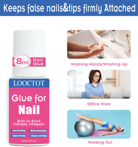 Ultra Fast Nail Glue For Nail Tips Acrylic Nails And Press On Nails With Built In Brush For Easy Application Fast Drying In Seconds Waterproof After Drying Long Lasting Bond That Stays 28 Days 8ml Twin Pack with lifestyle images showing use in various activities