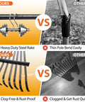 Comparison of heavy duty steel rake vs thin pole rake, highlighting anti rust construction and clog-free tines.