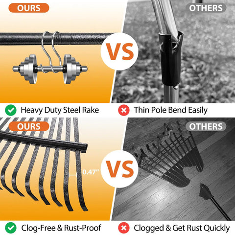 Comparison of heavy duty steel rake vs thin pole rake, highlighting anti rust construction and clog-free tines.
