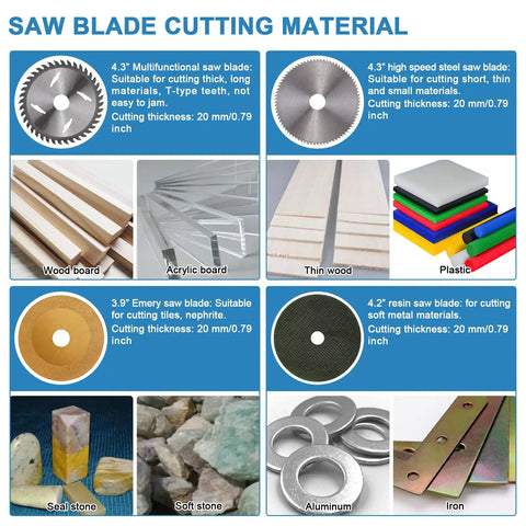 Saw blade cutting materials: wood, acrylic board, thin wood, plastic, stone, aluminum, iron for Compact All In One Table Saw And Belt Disc Sander Combo.