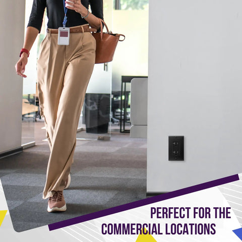 Person walking past a Decorator Light Switch Or Receptacle Wall Plate Gloss Finish Black 1-Gang 4.50 By 2.76 Inches