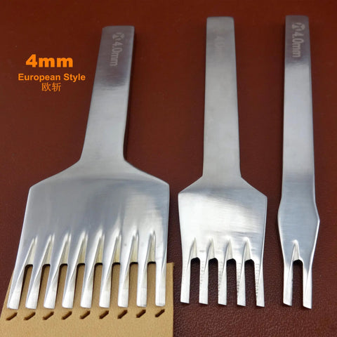 Leather Craft Prong Chisel Set 3 Pack 4mm Angled Hex Flat Head European Style with 2, 5, 9 prongs on brown background