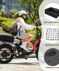 Rear Ebike Basket Large Capacity Waterproof Metal Cargo Rack For Electric Bikes Quick Assemble Mount Perfect For Picnic Gear Pet Dog Carrier Sports Bag Groceries And More On Back Seat shown with accessories and cyclist on e-bike