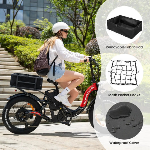 Rear Ebike Basket Large Capacity Waterproof Metal Cargo Rack For Electric Bikes Quick Assemble Mount Perfect For Picnic Gear Pet Dog Carrier Sports Bag Groceries And More On Back Seat shown with accessories and cyclist on e-bike