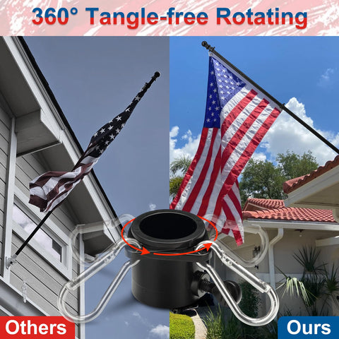 Comparison of flag poles with and without Heavy Duty 5 Ft Stainless Steel Flag Pole Kit With No Tangle 360 Degree Rotation Windproof Outdoor Flag Holder, showing rotation system.