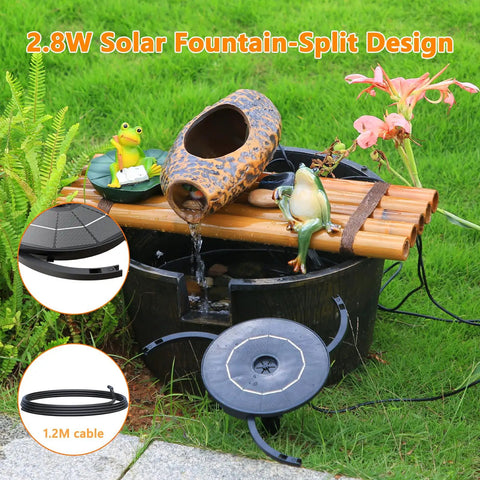 2.8W Solar Fountain Pump for Bird Bath and Outdoor Garden with bamboo setup, showing water flow and included solar panel.