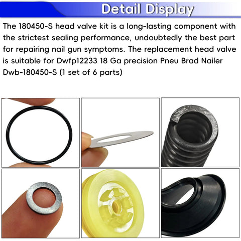 Top Shelf Head Valve Replacement Straight Shooter Compatible With 18 Gauge Pneumatic Brad Nailers Models Dwfp12233 And Dwb180450S showing rubber seal, metal parts, and components for nail guns