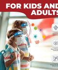 Children wearing Clear Face Shield Pack Of 10 For All Ages Anti Fog Lightweight Reusable Safety Visor with backpacks.