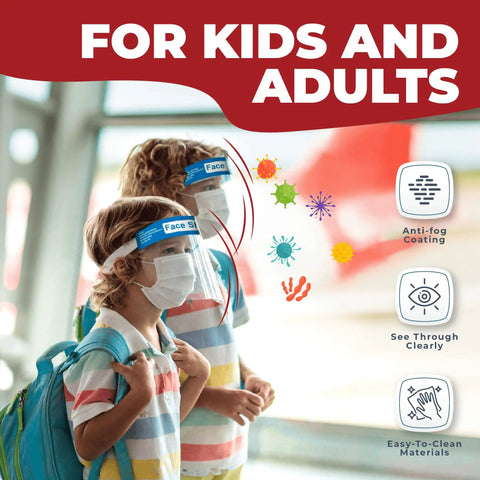 Children wearing Clear Face Shield Pack Of 10 For All Ages Anti Fog Lightweight Reusable Safety Visor with backpacks.