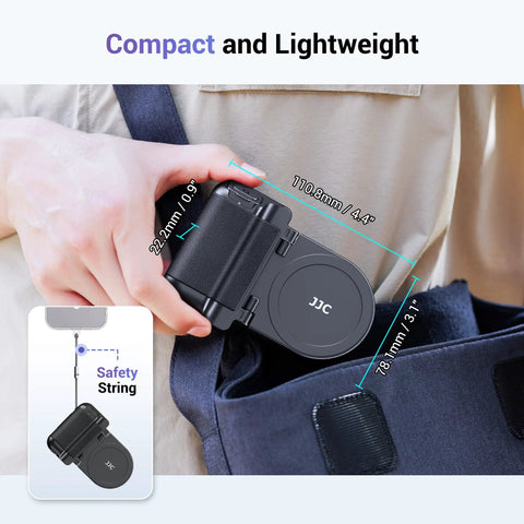 Person clipping Magnetic Phone Grip Camera Handle With Wireless Shutter Remote onto bag, showing dimensions and compact design.