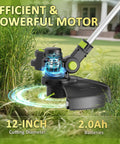 Close-up of the 20V Cordless Weed Eater Trimmer With 12-Inch Cutting Width, efficient motor shown in a garden setting.