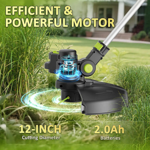 Close-up of the 20V Cordless Weed Eater Trimmer With 12-Inch Cutting Width, efficient motor shown in a garden setting.
