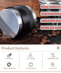 Top Shelf 58mm Espresso Distributor And Tamper Set showcasing dual head design with adjustable depth on coffee grounds.