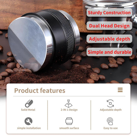 Top Shelf 58mm Espresso Distributor And Tamper Set showcasing dual head design with adjustable depth on coffee grounds.