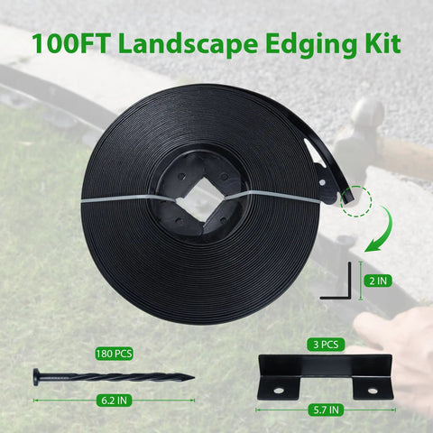 Heavy Duty Landscape Edging Border 100 Ft Roll 2 Inch Tall With 180 Spikes Flexible Vinyl Plastic Garden Border For Lawn Flower Beds Pavers And Borders Black Easy Install Weatherproof Yard Pro Grade kit components