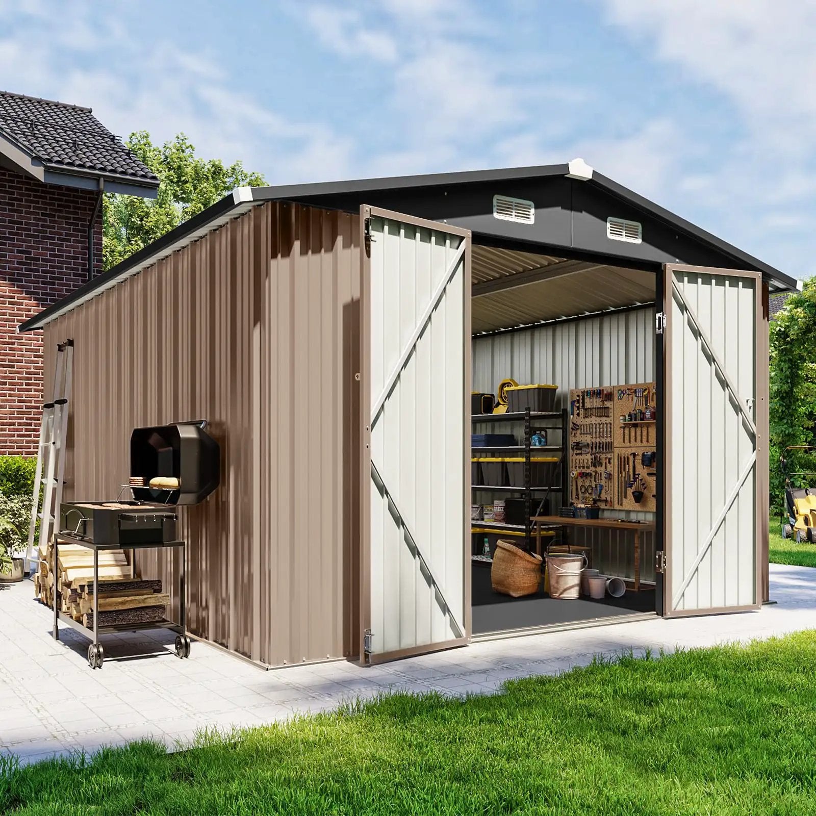 ばんさん　90-12k Beefy 10x12 Ft Metal Shed w/ Floor & Lockable Doors ✓