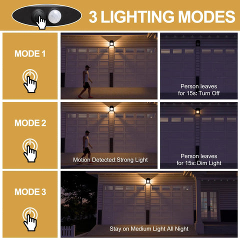 3 lighting modes of Outdoor Solar Wall Lights 2 Pack, Waterproof Brighter Porch Square Lights With Motion Sensor, 120 Degree Detection