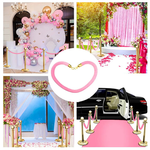 Six Pieces Velvet Stanchion Rope Set With Gold Hooks 4 Feet Each Pink Carpet Ropes for elegant event setup