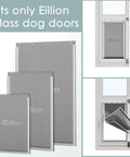 Medium Dog Door Replacement Flap For Sliding Glass Pet Doors Fits Medium Size Doors Secure Fit Easy Installation Durable Weather Resistant Panel Replacement Accessory For Sliding Glass Pet Door Systems shown in various sizes and installed views.