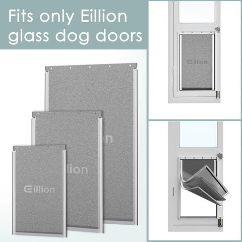 Medium Dog Door Replacement Flap For Sliding Glass Pet Doors Fits Medium Size Doors Secure Fit Easy Installation Durable Weather Resistant Panel Replacement Accessory For Sliding Glass Pet Door Systems shown in various sizes and installed views.