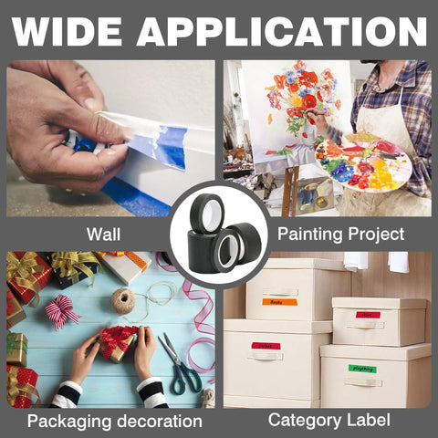Wide application collage featuring Assorted Black Masking Tape Set With Four Widths 2 Inch 1 Inch 0.6 Inch And 0.24 Inch 132 Feet Total