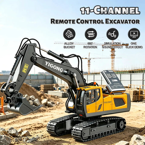 11-channel remote control excavator from 4 In 1 Remote Control Construction Vehicle Set With 11-Channel Excavator, 9-Channel Dump Truck, Bulldozer And Loader, Metal Build, 2.4GHz RC Cars With Realistic Lights And Sounds For Kids, Built Tough Heavy Duty Playset