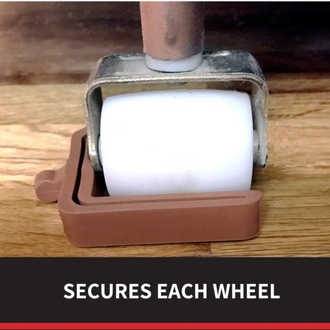 No Lift Wheel Stoppers For Rolling Furniture Bed And Furniture Stopper Keeps Your Bed From Sliding No Lifting Required Heavy Duty Caster Cups Solid Rubber 4 Pack Brown securing wheel on hardwood floor
