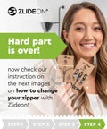 Smiling woman holding ZlideOn zipper repair kits with installation instructions for plastic zippers.