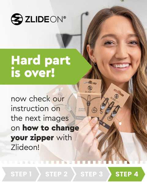 Woman holding Two Pack Waterproof Zipper Repair Kit Replacement Slider packaging, text overlay "Hard part is over, check instructions".