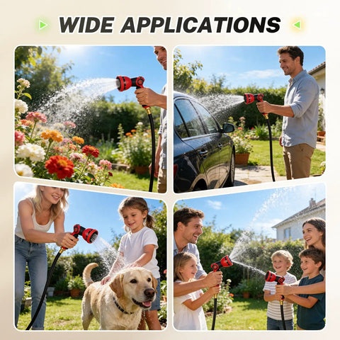 Retractable Garden Hose Reel One Half Inch By 50 Ft Wall Mounted Outdoor Hose Organizer in use watering flowers, car, dog, and play.