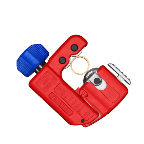 Three Inch TubiX S Pipe Cutter With QuickLock One Handed Adjustment for copper and stainless steel pipes, red and blue tool.