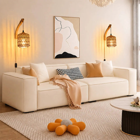EHFMGYB Rattan Wall Sconces Set of Two Plug in, Boho Wall Lamp with 9.84FT Plug in Cord above a cream sofa in living room.