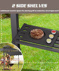 8x8 Heavy Duty Steel Frame Grill Gazebo With Double Tier Canopy Shelves Ceiling Hooks And Ground Stakes Waterproof UV Proof Outdoor Patio Tent For BBQ Backyard Gray side shelves with plate of food