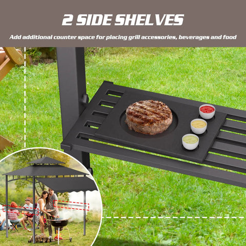 8x8 Heavy Duty Steel Frame Grill Gazebo With Double Tier Canopy Shelves Ceiling Hooks And Ground Stakes Waterproof UV Proof Outdoor Patio Tent For BBQ Backyard Gray side shelves with plate of food