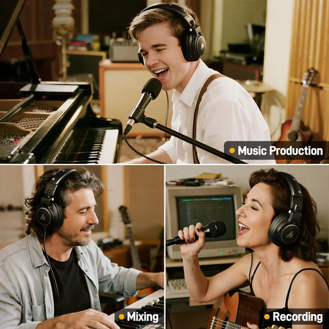 Musicians using Studio Monitor DJ Headphones With 50mm Drivers Closed-Back Over-Ear Wired Headset For Music Production Recording Podcast Guitar Amp Or Keyboard 3.5mm To 6.35mm Jack MH700 Black during music production, mixing, and recording in studio environment