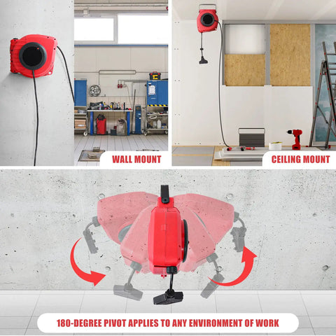 Heavy Duty 50ft Retractable Extension Reel with 14AWG 3C SJTOW Cord showing wall and ceiling mount with 180-degree swivel bracket