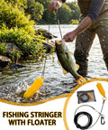 Person using Heavy Duty Steel Wire Fish Stringer with High Visibility PVC Float in river, showing locking mechanism in action.