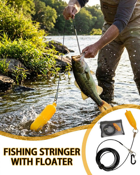 Person using Heavy Duty Steel Wire Fish Stringer with High Visibility PVC Float in river, showing locking mechanism in action.