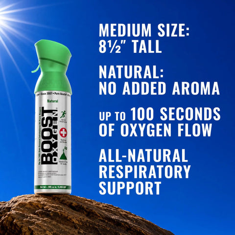 Boost Oxygen Natural 5L Canister Six Pack for Respiratory Support Altitude beside rock against blue sky