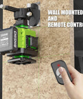 Green Laser Level Kit With 16 Lines 4X360 Degree 4D Self Leveling Cross Line Laser mounted on wall with remote control.