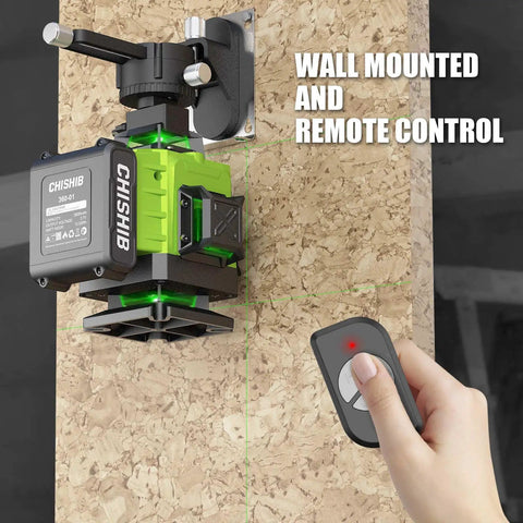 Green Laser Level Kit With 16 Lines 4X360 Degree 4D Self Leveling Cross Line Laser mounted on wall with remote control.