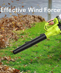 Person using Cordless Leaf Blower With Two Batteries And Charger, Electric Battery Powered Handheld Blower on leaves in yard