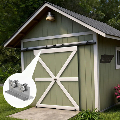 Pro Grade Strut Channel Trolleys Pack Of Four With Slick Metal Casters For Tough Barn Door Slides And Garage Rail Hardware silver finish on barn door.